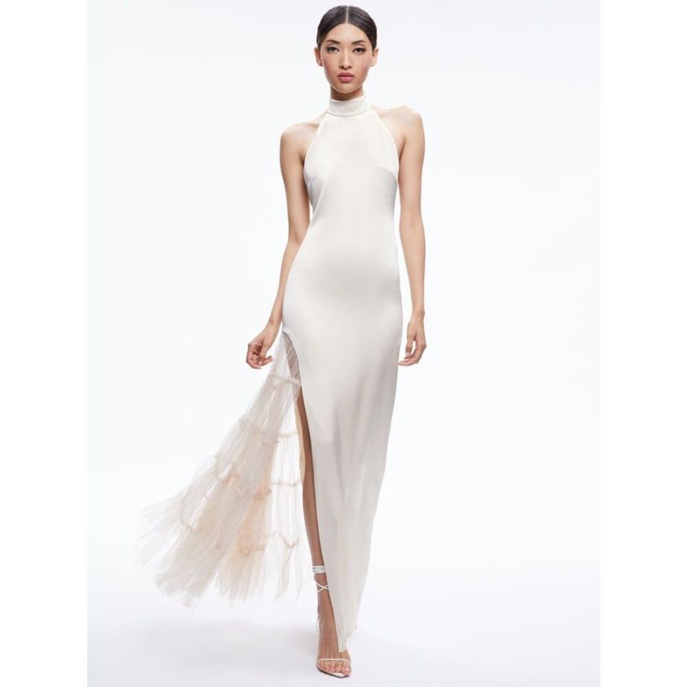 NWT Alive + Olivia High Neck Ryn Slit Tulle Panel Maxi Dress Champagne Size 2 $5